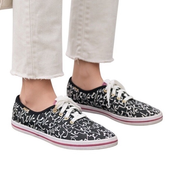 Keds Shoes - Keds x Kate Spade Love Print Sneakers Black Canvas Lace-Up Shoes Womens Size 8.5